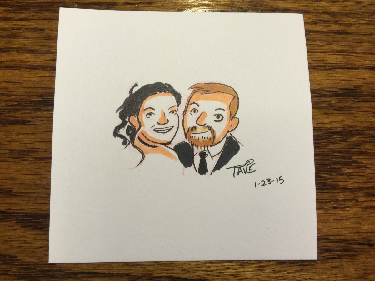 A drawling of us by one of the artists.
